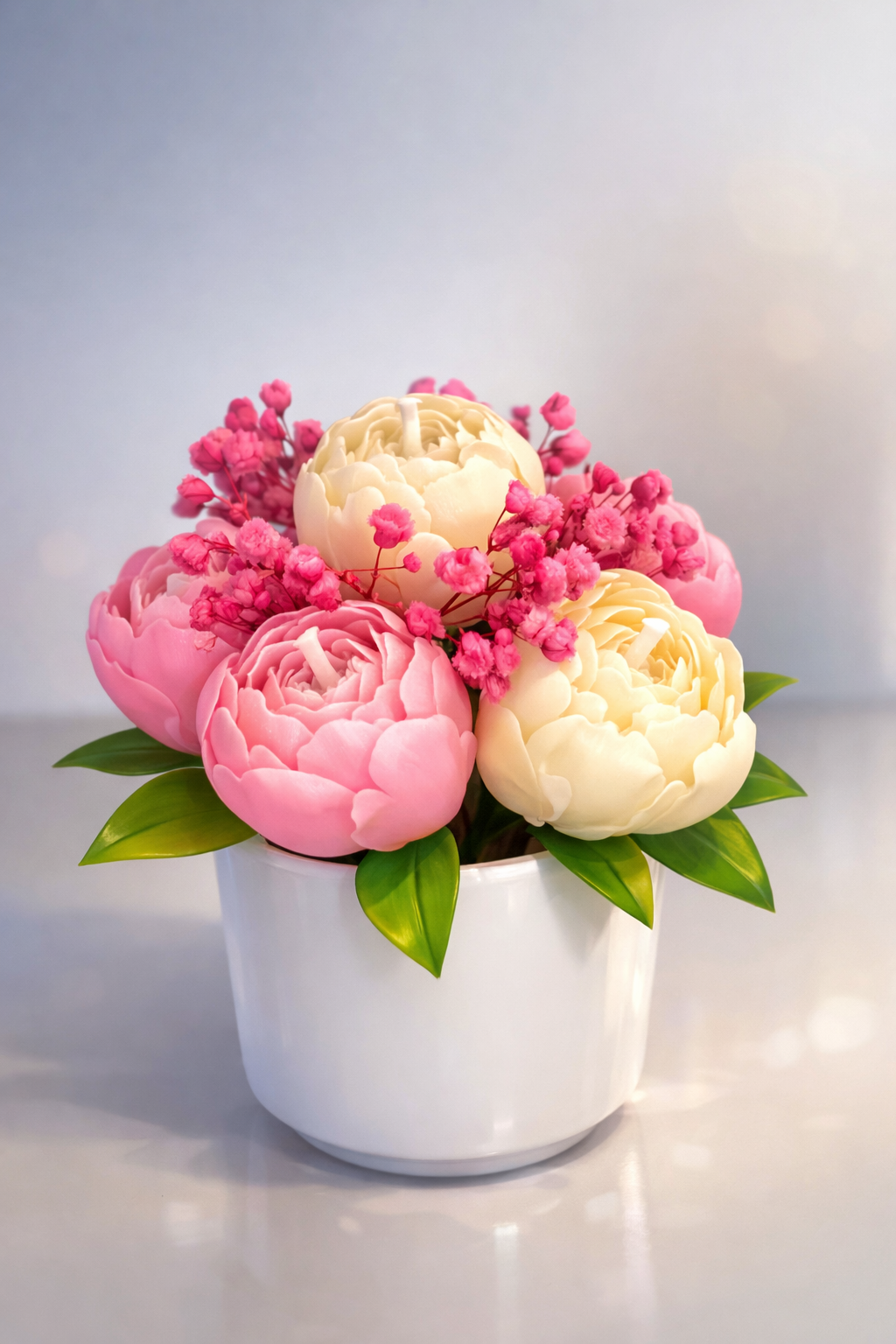 Decorative flower candles in white ceramic holder