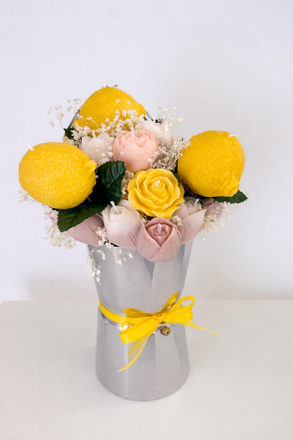 Lemon Coffee Bloom floral bouquet with lemons and pastel flowers in silver vase