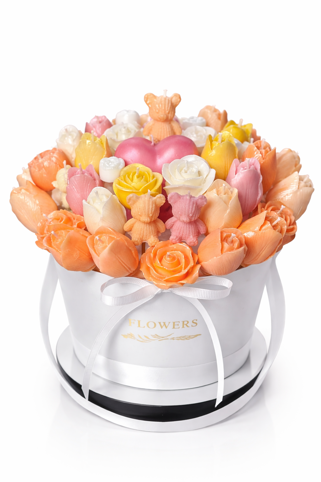 Flower arrangement with tulips in a white box