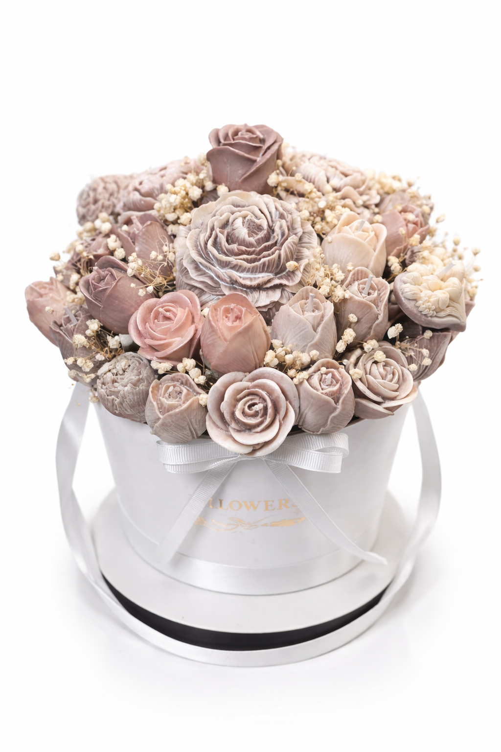 Elegant flower arrangement with tulips in a white box