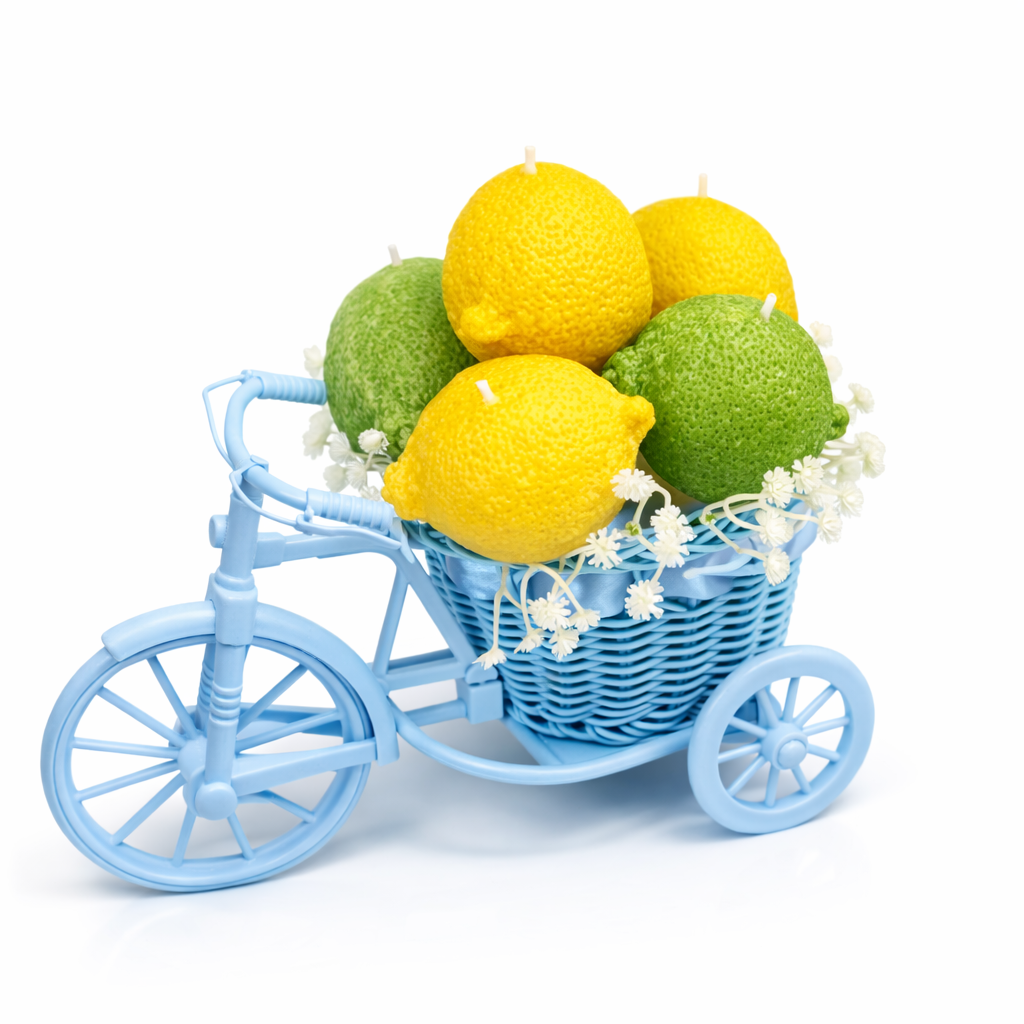 Blue tricycle with lemon and lime candles and white flowers