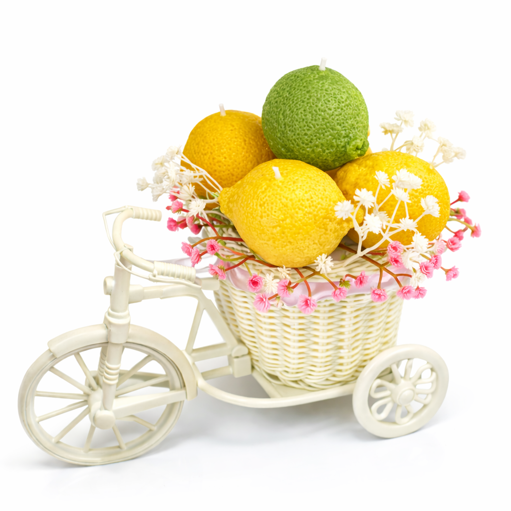 Tricycle candle arrangement with flowers in basket