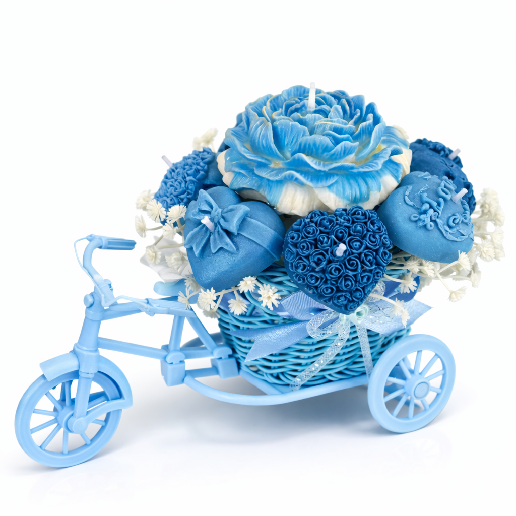 Blue tricycle candle arrangement with flowers for home decor