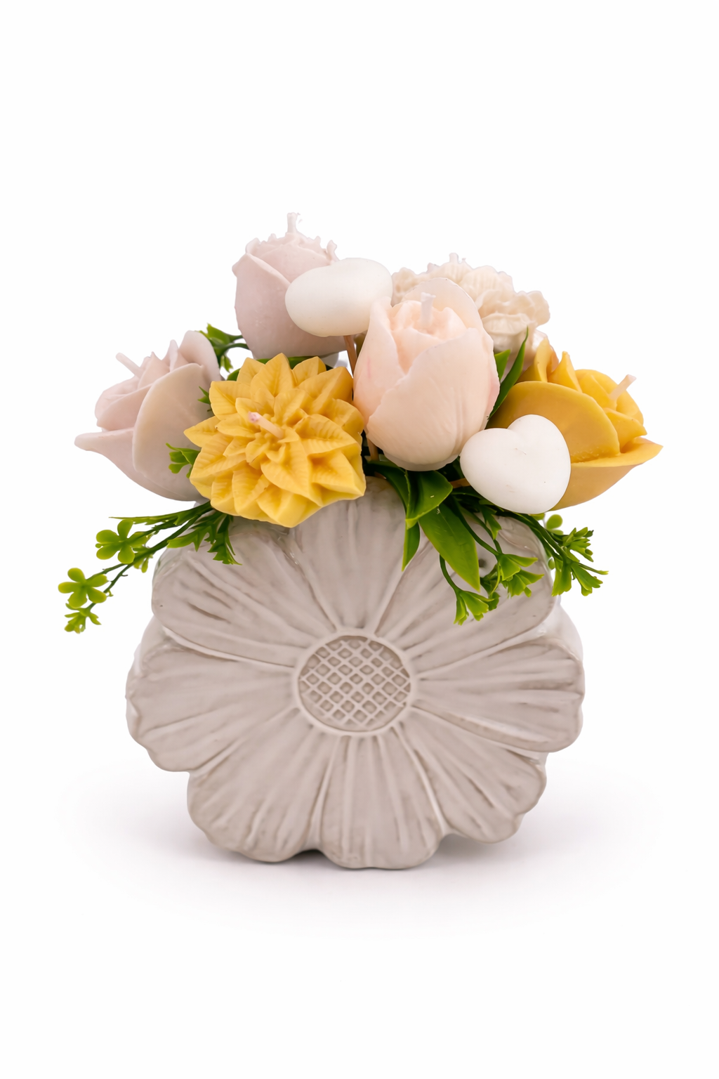 Decorative floral arrangement in white pot