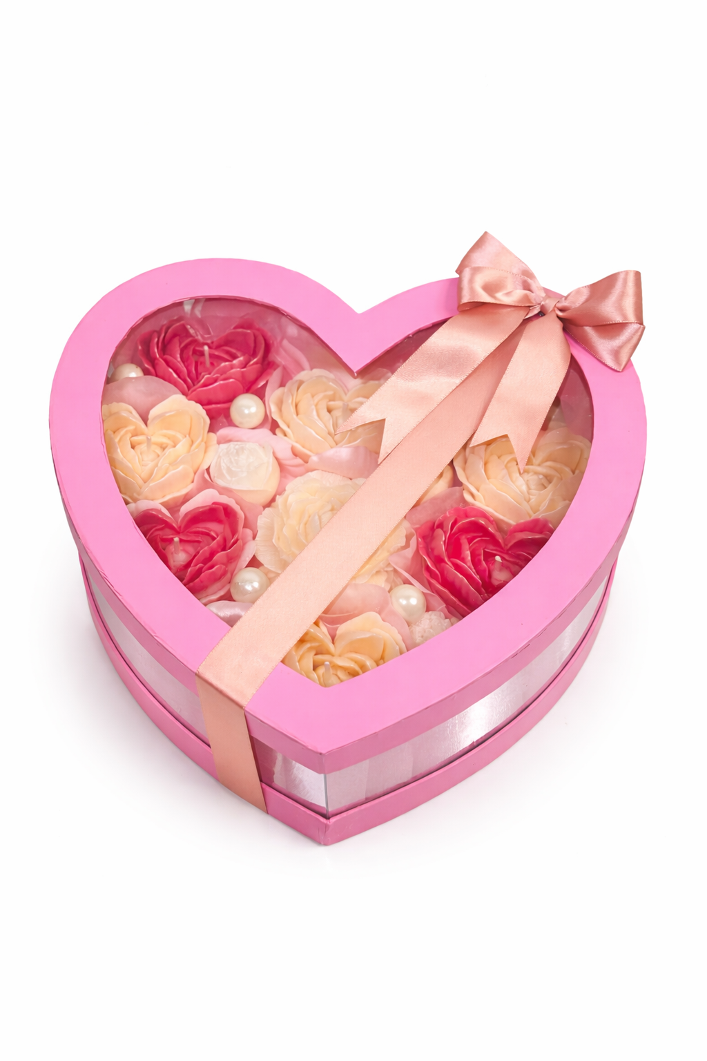 Pink heart-shaped floral gift box with roses and pearls