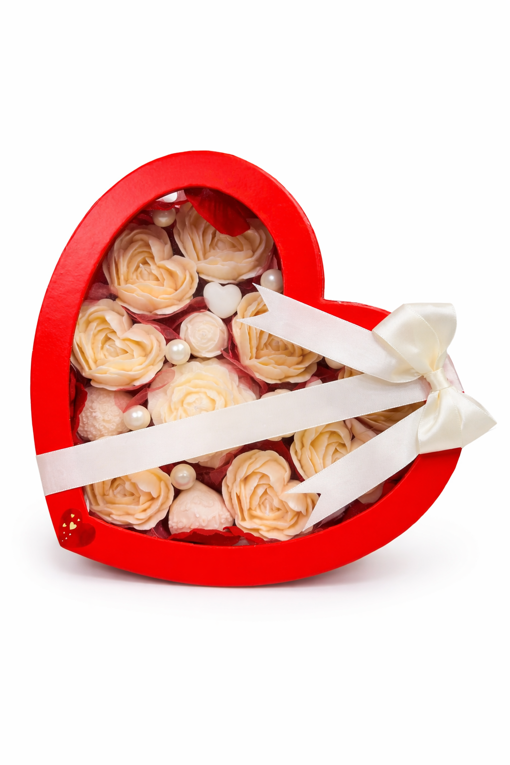 Red heart-shaped floral gift box with roses and ribbons