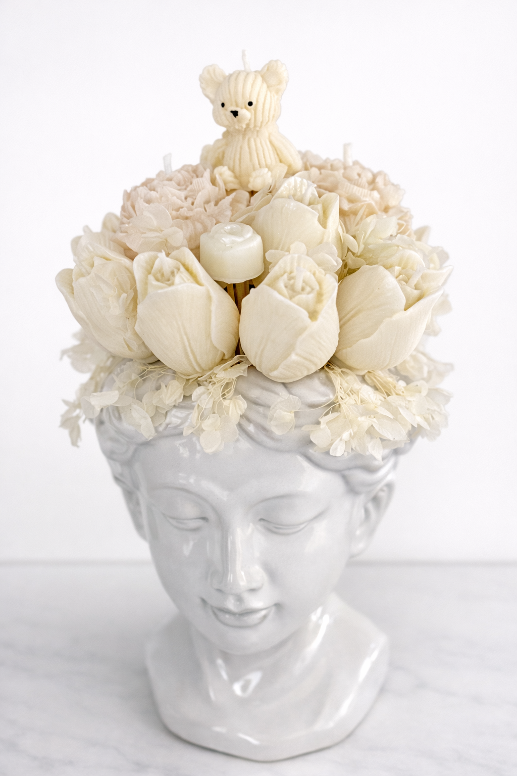 Serenity bouquet with ivory flowers and bear