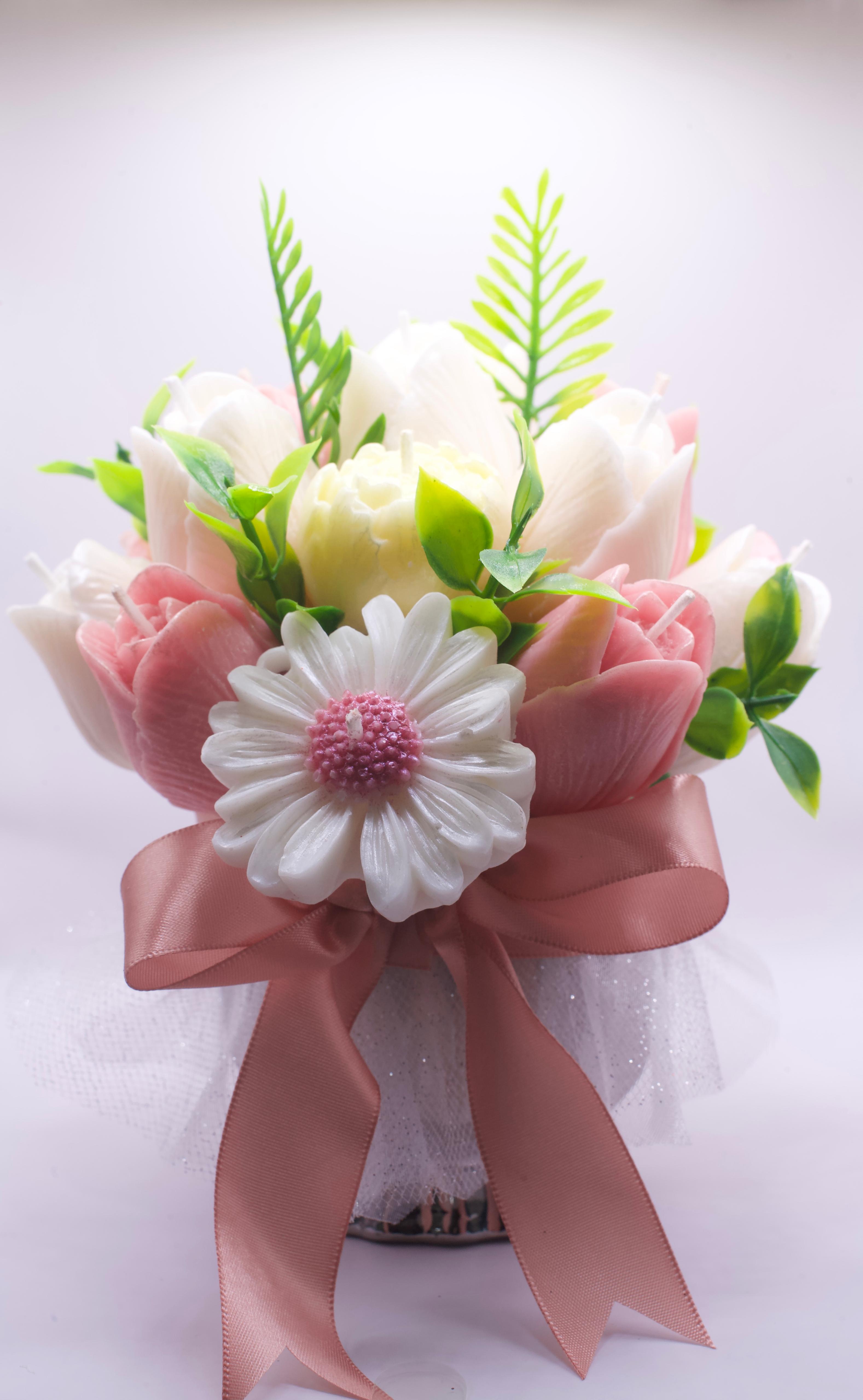 Tulips and Daisies Bouquet in a ceramic container with pink ribbon, ideal for home fragrance decor in Home & Garden category.